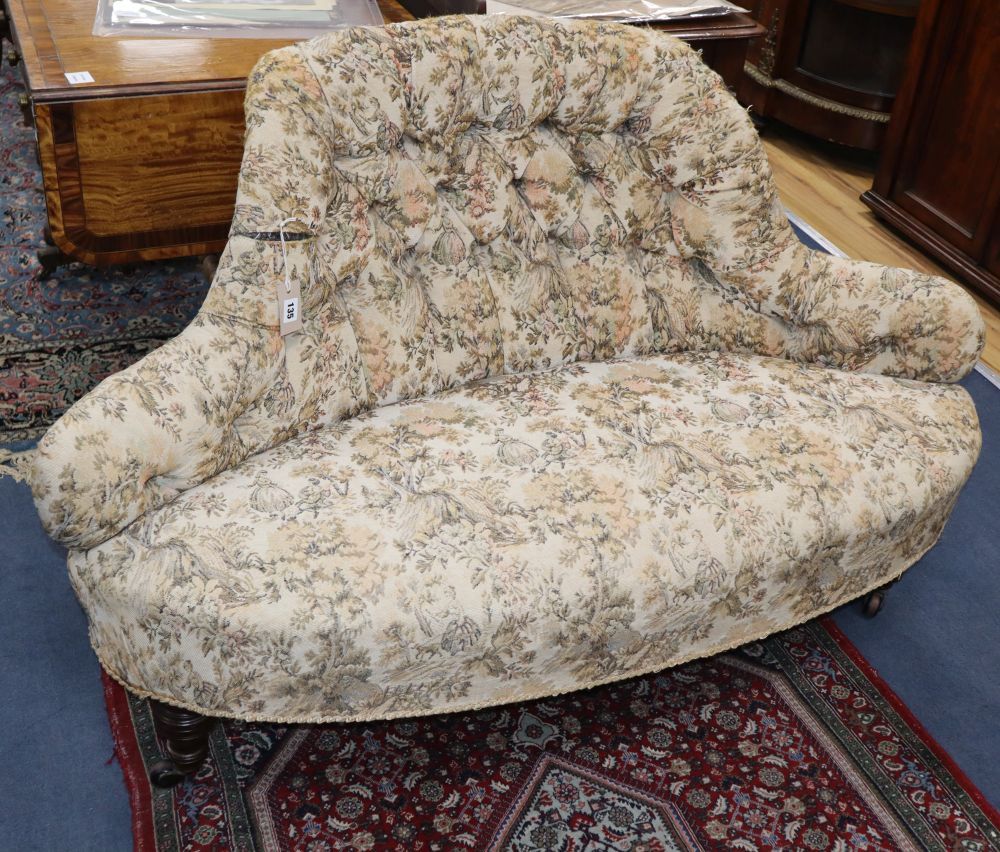 A Victorian walnut upholstered conversation seat (one section of original) W.130cm, D.64cm, H.78cm
